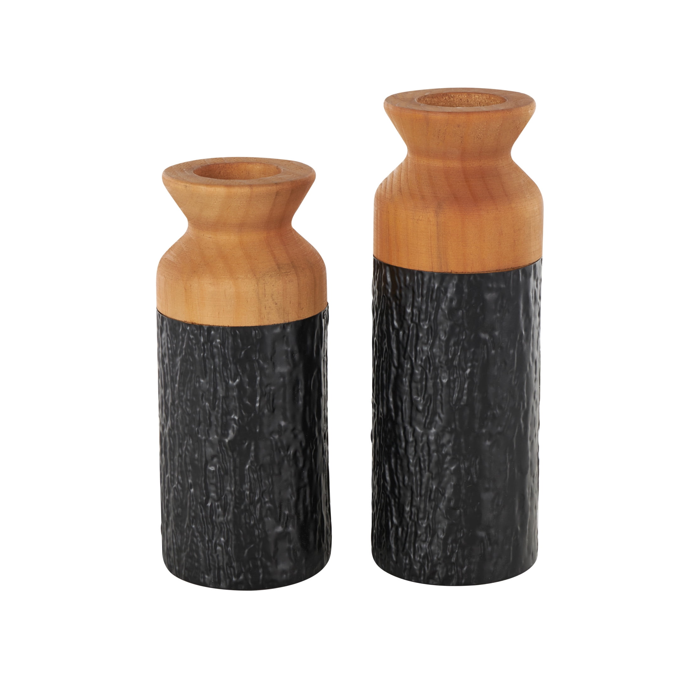 DecMode 11", 10"H Abstract Textured Color Block Black Metal Vase with Brown Wood Tops, Set of 2