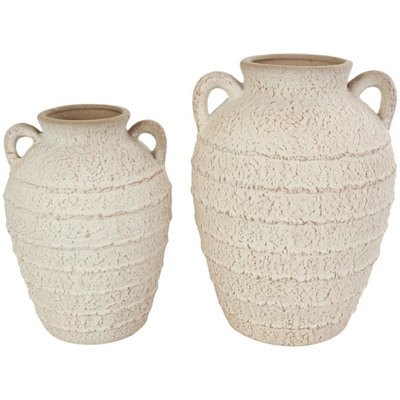 DecMode 11", 9"H Textured Cream Ceramic Vase with Handles and Terracotta Accents, Set of 2