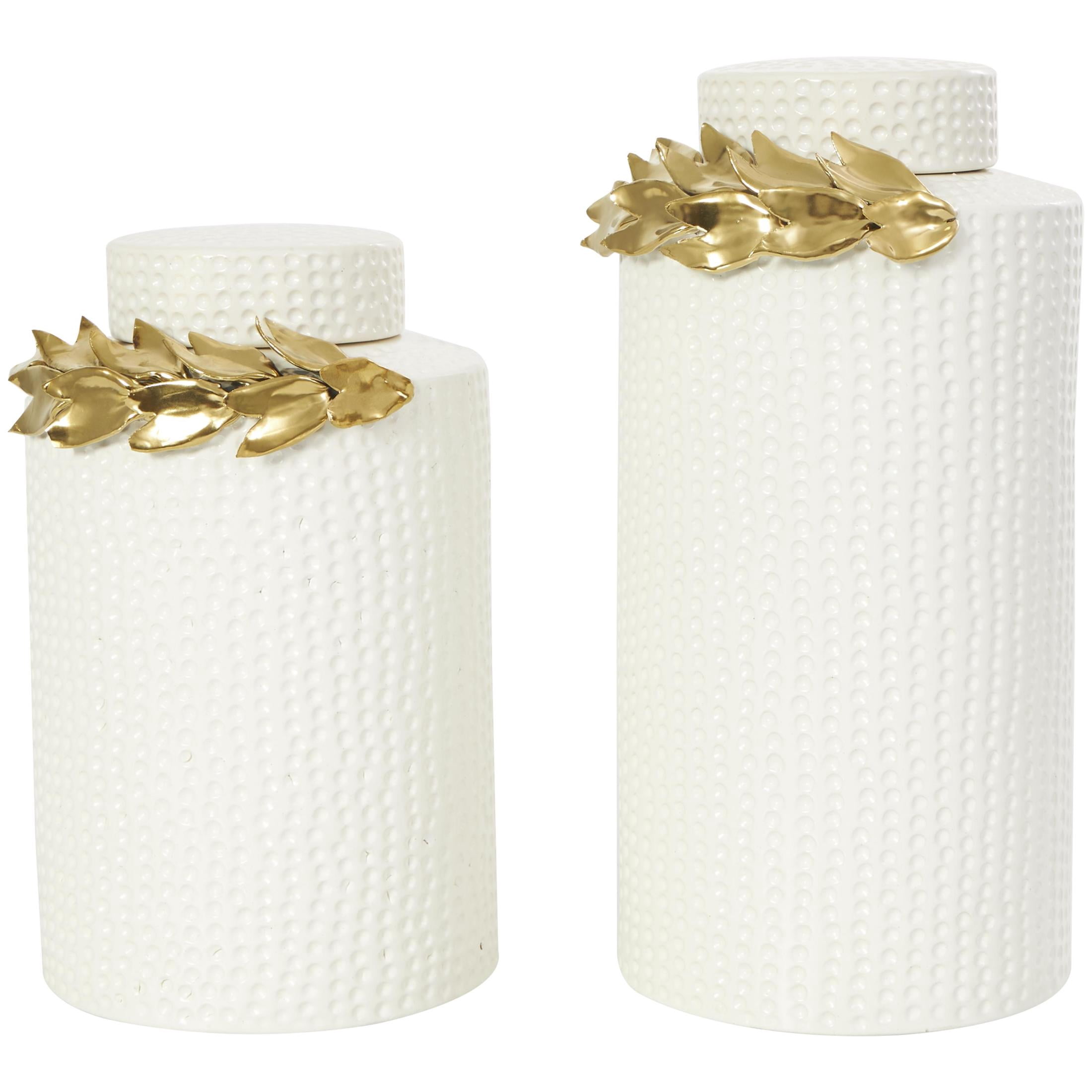 DecMode 11", 9"H White Ceramic Leaf Decorative Jars with Abstract Spotted Pattern and Gold Accents, 2-Pieces
