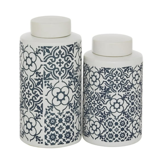 DecMode 11", 9"H White Ceramic Decorative Jars with Spanish Tile Patterns, 2-Pieces