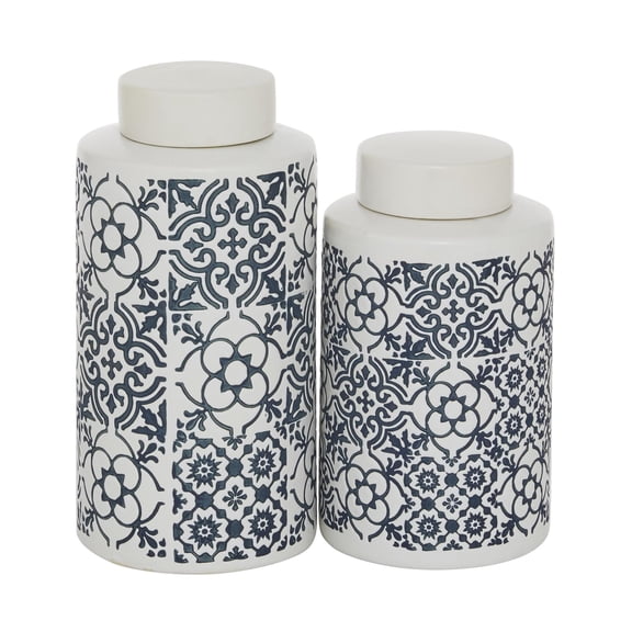 DecMode 11", 9"H White Ceramic Decorative Jars with Spanish Tile Patterns, 2-Pieces