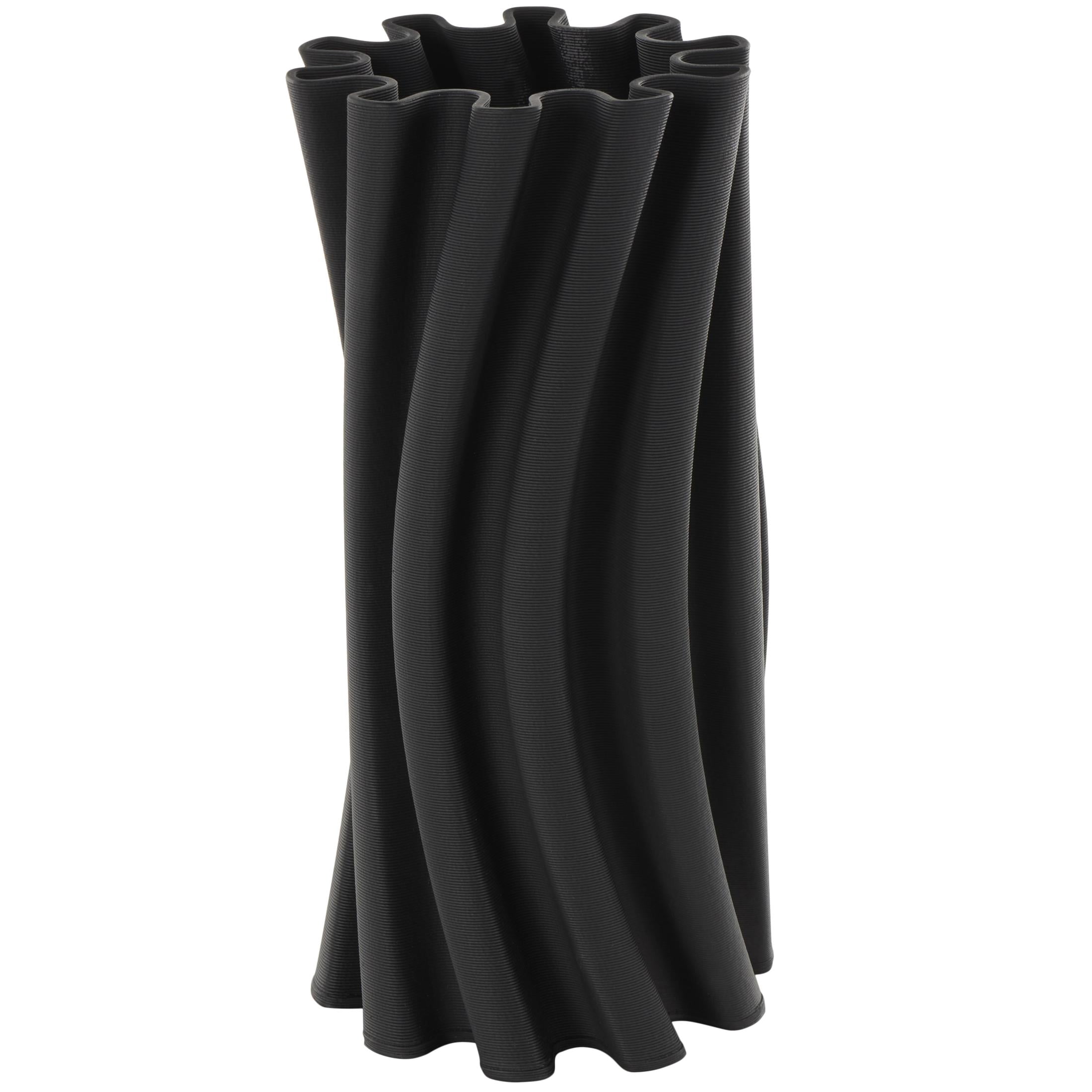 DecMode 11" Abstract Curvy Ribbed Black Ceramic Vase with Floral Shaped Rim