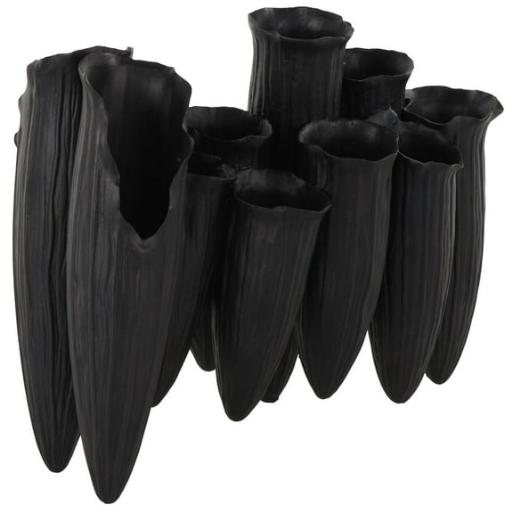 DecMode 11" Abstract Floral Inspired Black Ceramic Vase with Linear Grooves and 10 Openings
