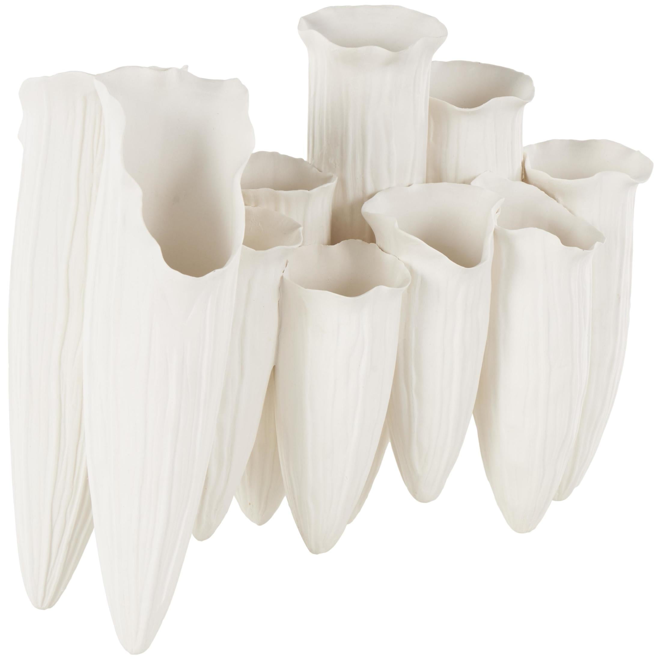 DecMode 11" Abstract Floral Inspired White Ceramic Vase with Linear Grooves and 10 Openings