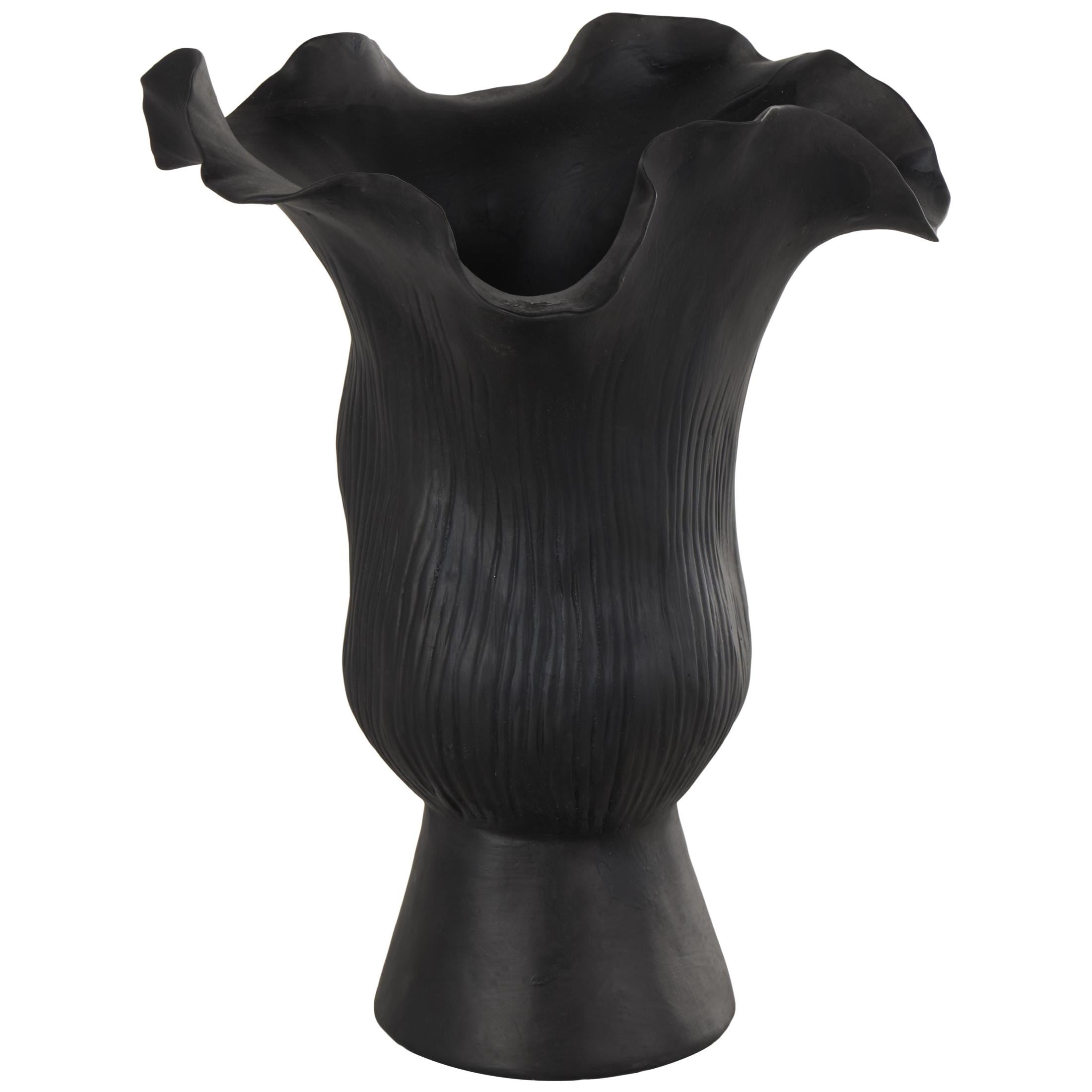 DecMode 11" Abstract Floral Inspired Black Ceramic Vase with Wavy Folded Rim and Linear Grooves