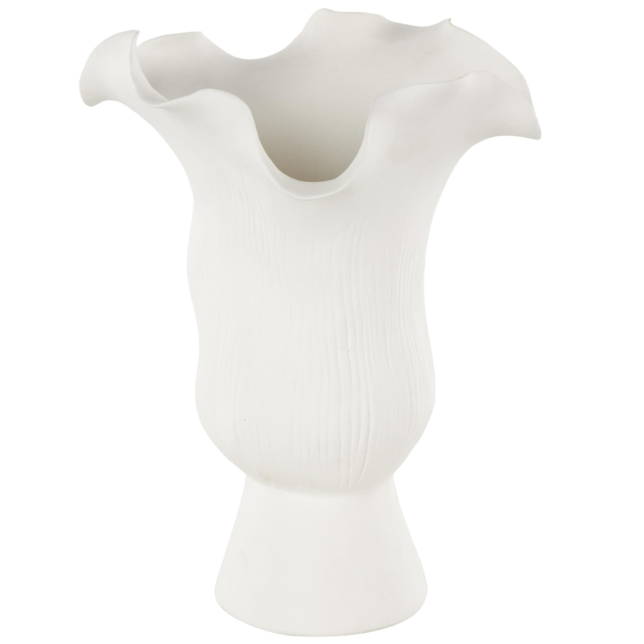 DecMode 11" Abstract Floral Inspired White Ceramic Vase with Wavy Folded Rim and Linear Grooves