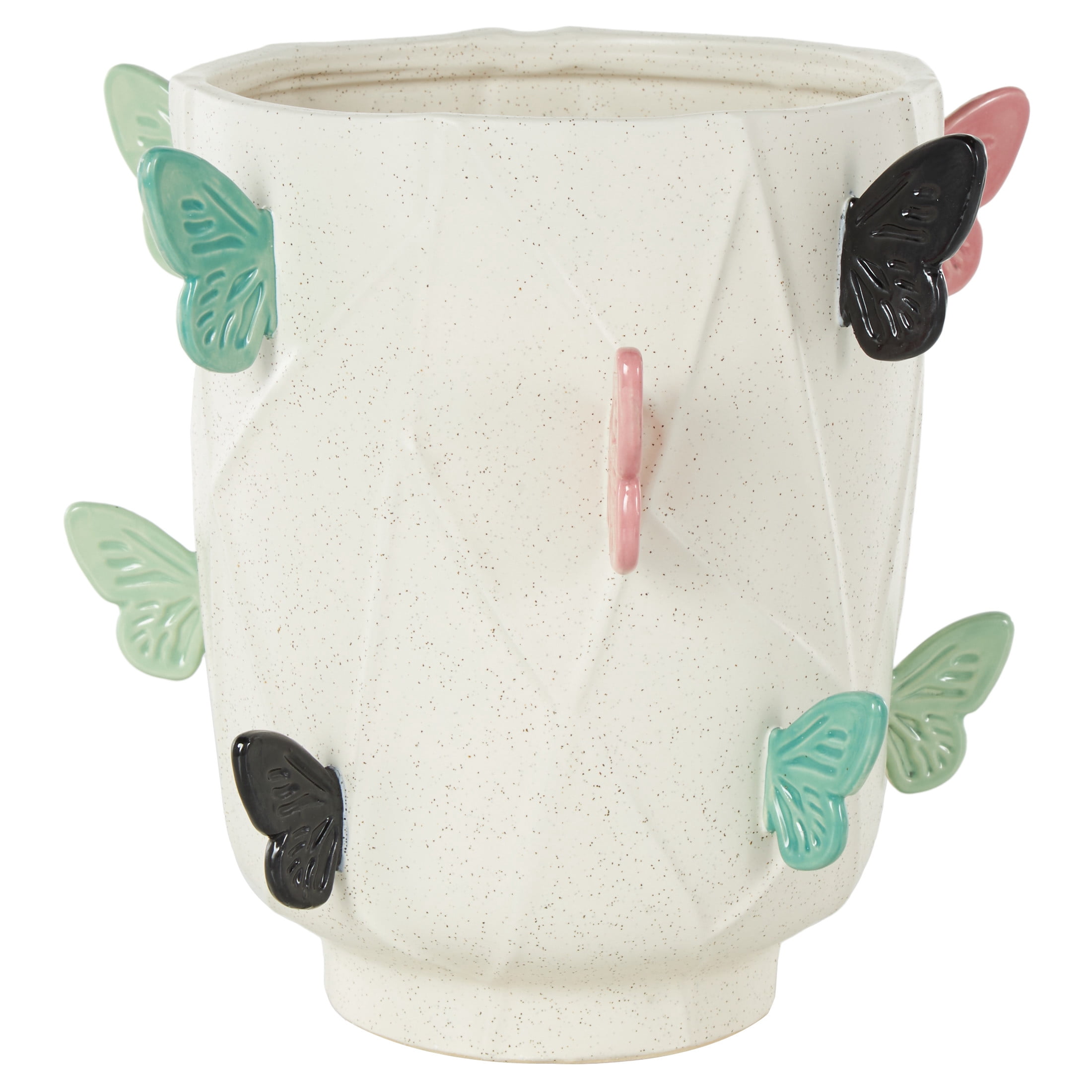 DecMode 11" Butterfly Wide White Ceramic Vase with Multicolor Accents