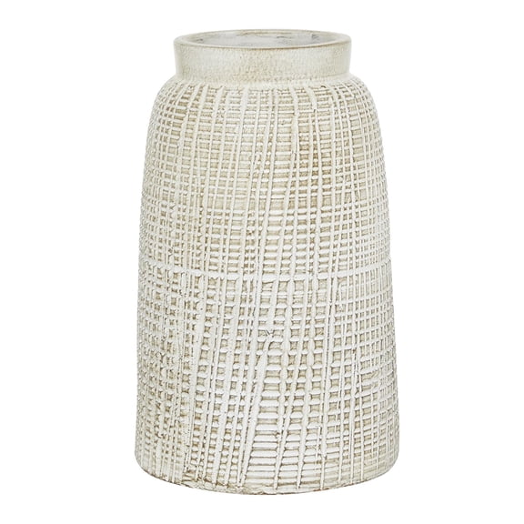DecMode 11" Textured Crosshatch White Ceramic Vase with Crosshatch Design