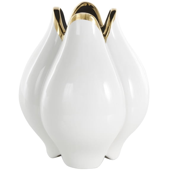 DecMode 11" Floral Dimensional Shaped White Ceramic Vase with Metallic Gold Rim