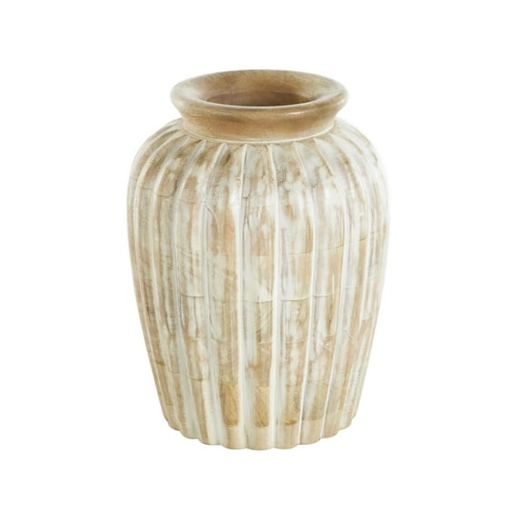 DecMode 11" Distressed Light Brown Mango Wood Vase with Carved Ridges