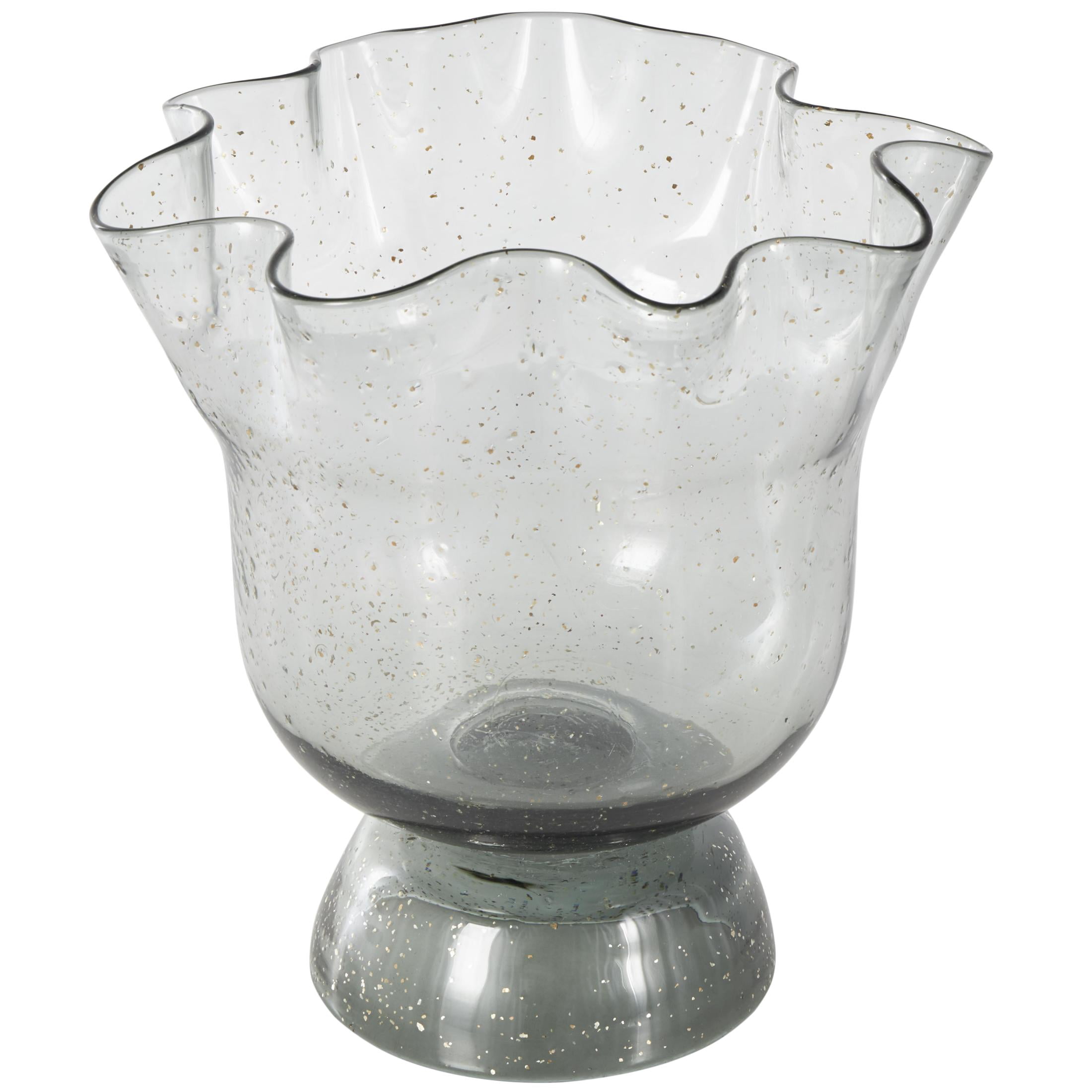 DecMode 11" Floral Tulip Inspired Wide Black Glass Vase with Wavy Opening and Gold Speckles