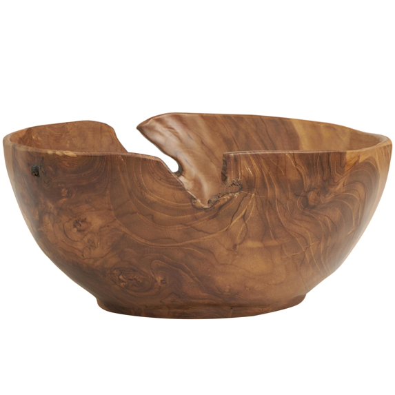 DecMode 11" Handmade Round Brown Teak Wood Decorative Bowl with Natural Grooves