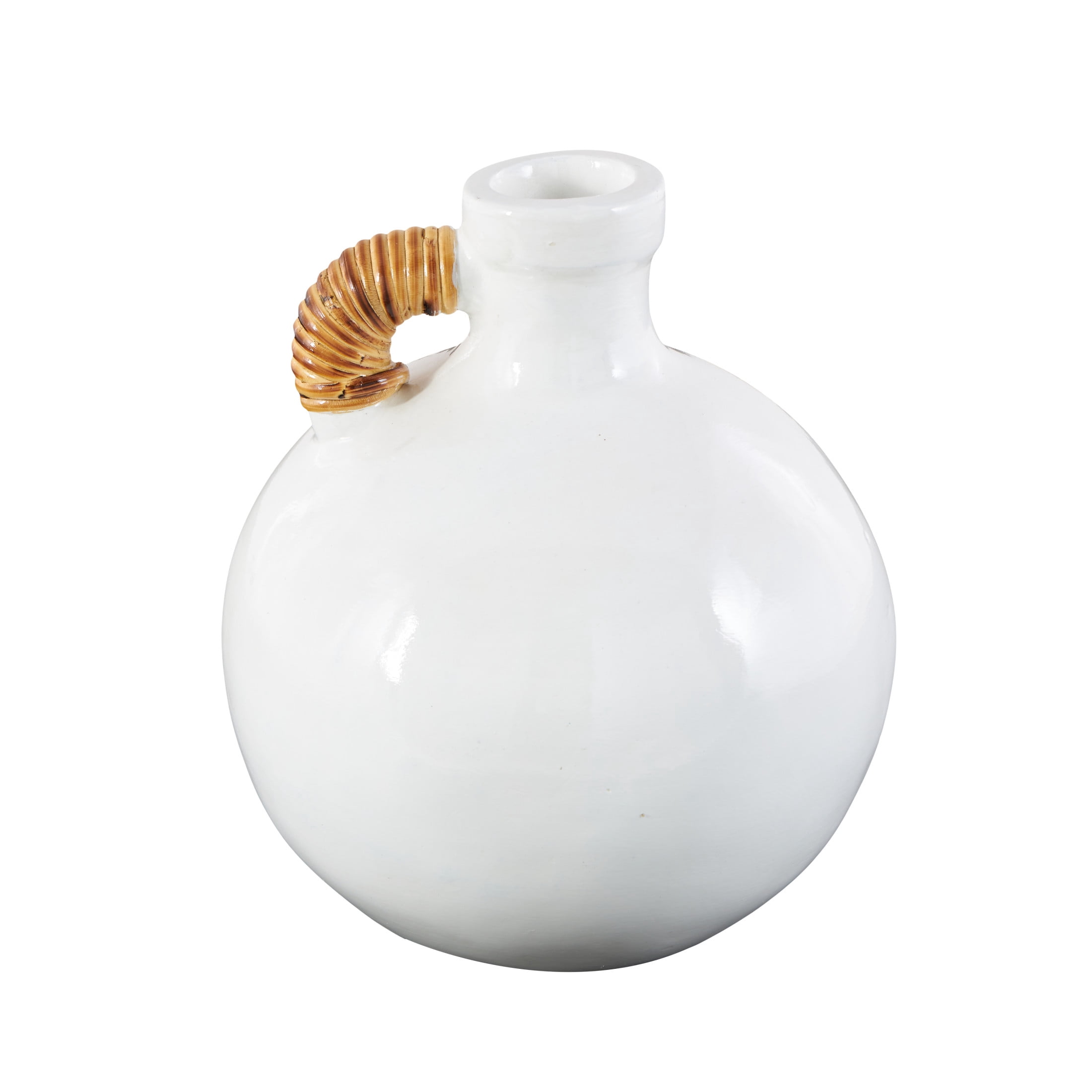 DecMode 11" Jug Inspired White Ceramic Vase with Rattan Wrapped Handle