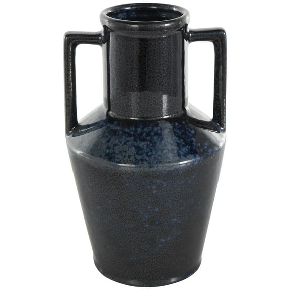 DecMode 11" Ombre Textured Dark Blue Ceramic Vase with Rectangular Handles
