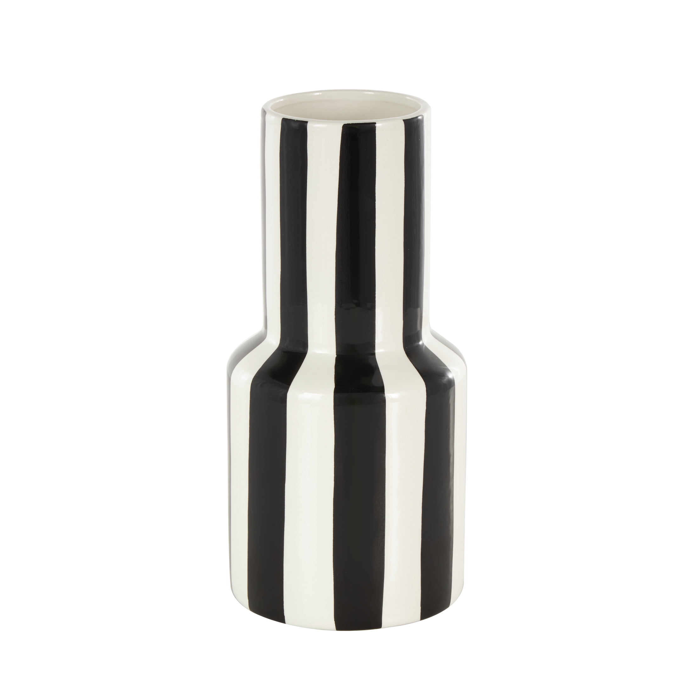 DecMode 11" Round Black Ceramic Vase with White Vertical Stripes
