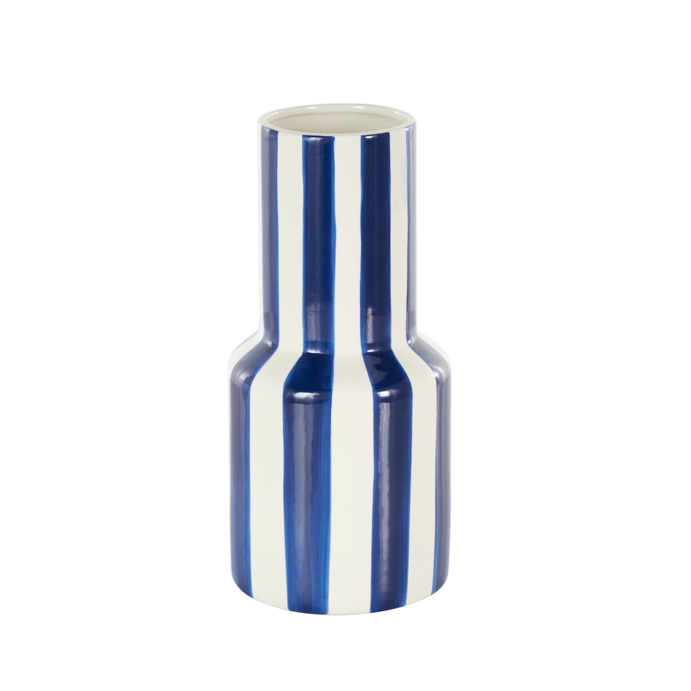 DecMode 11" Round Blue Ceramic Vase with White Vertical Stripes