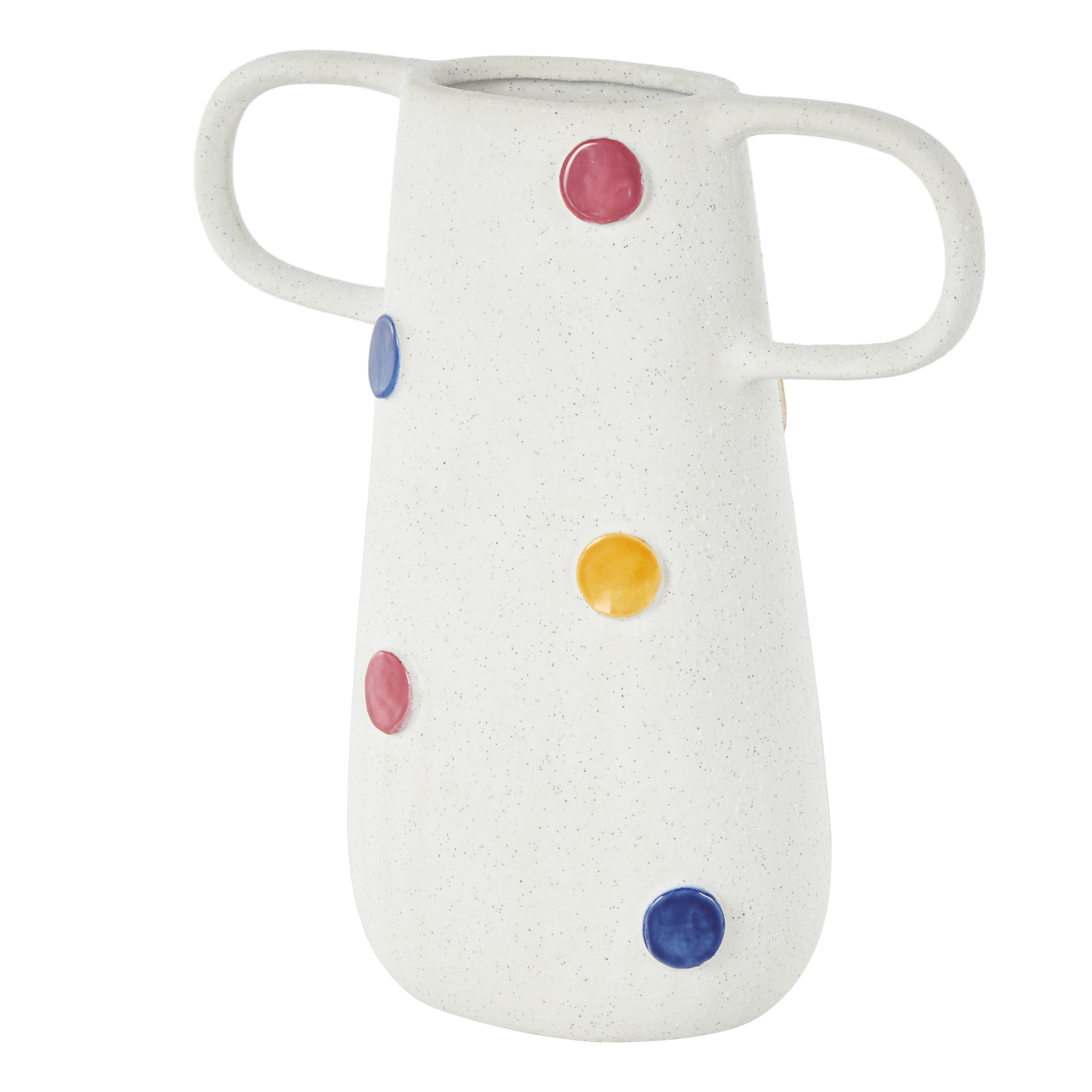 DecMode 11" Round White Ceramic Vase with Multicolor Spots and Handles
