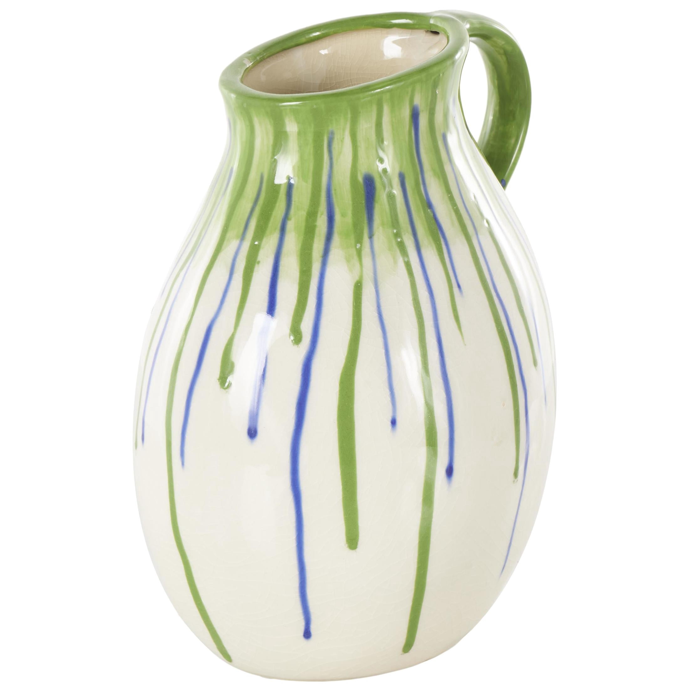 DecMode 11" Abstract White Ceramic Vase with Green and Blue Drip Design and Handle