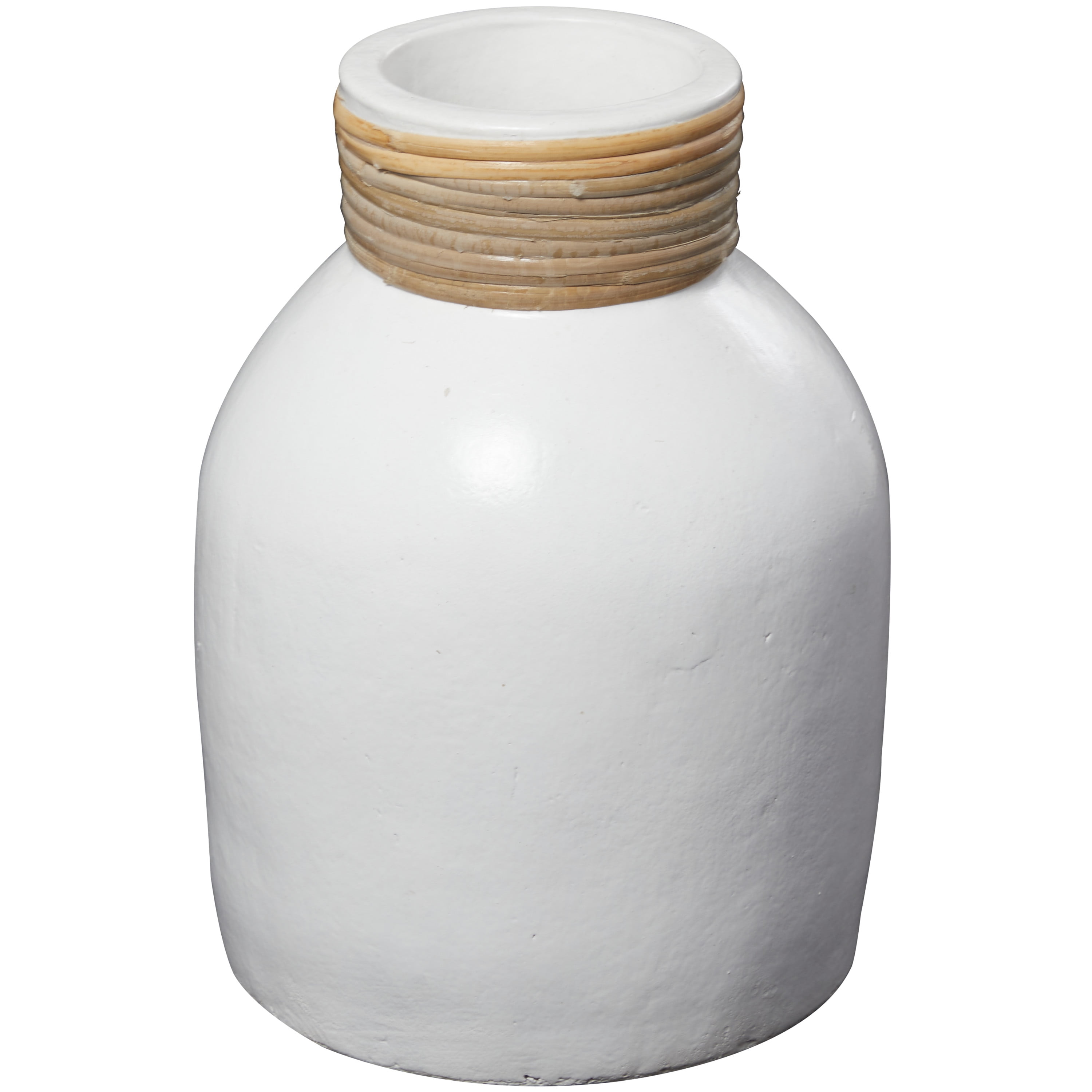 DecMode 11" White Ceramic Vase with Wrapped Rattan Detailing