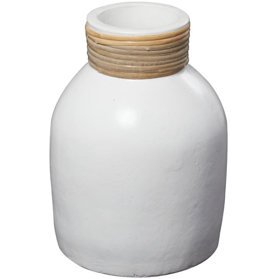 DecMode 11" White Ceramic Vase with Wrapped Rattan Detailing