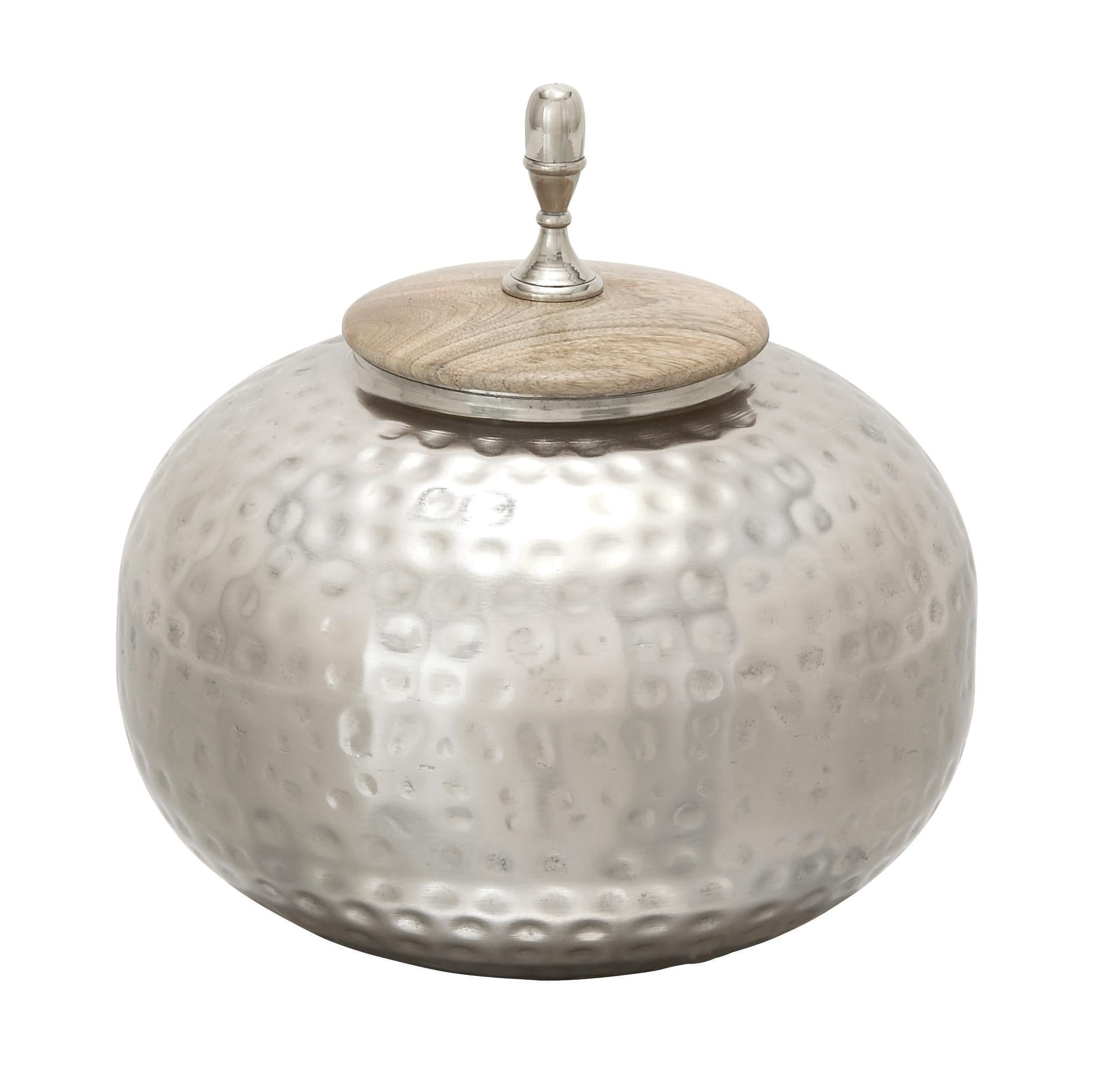 Silver Hammered Metal Decorative Jar with Wood Lid