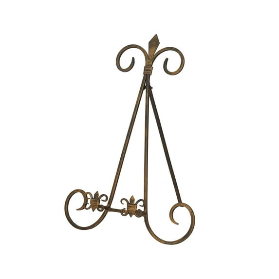 DecMode 11" x 14" Gold Metal Tabletop Arched Fleur De Lis Easel with Scroll Details, 1-Piece