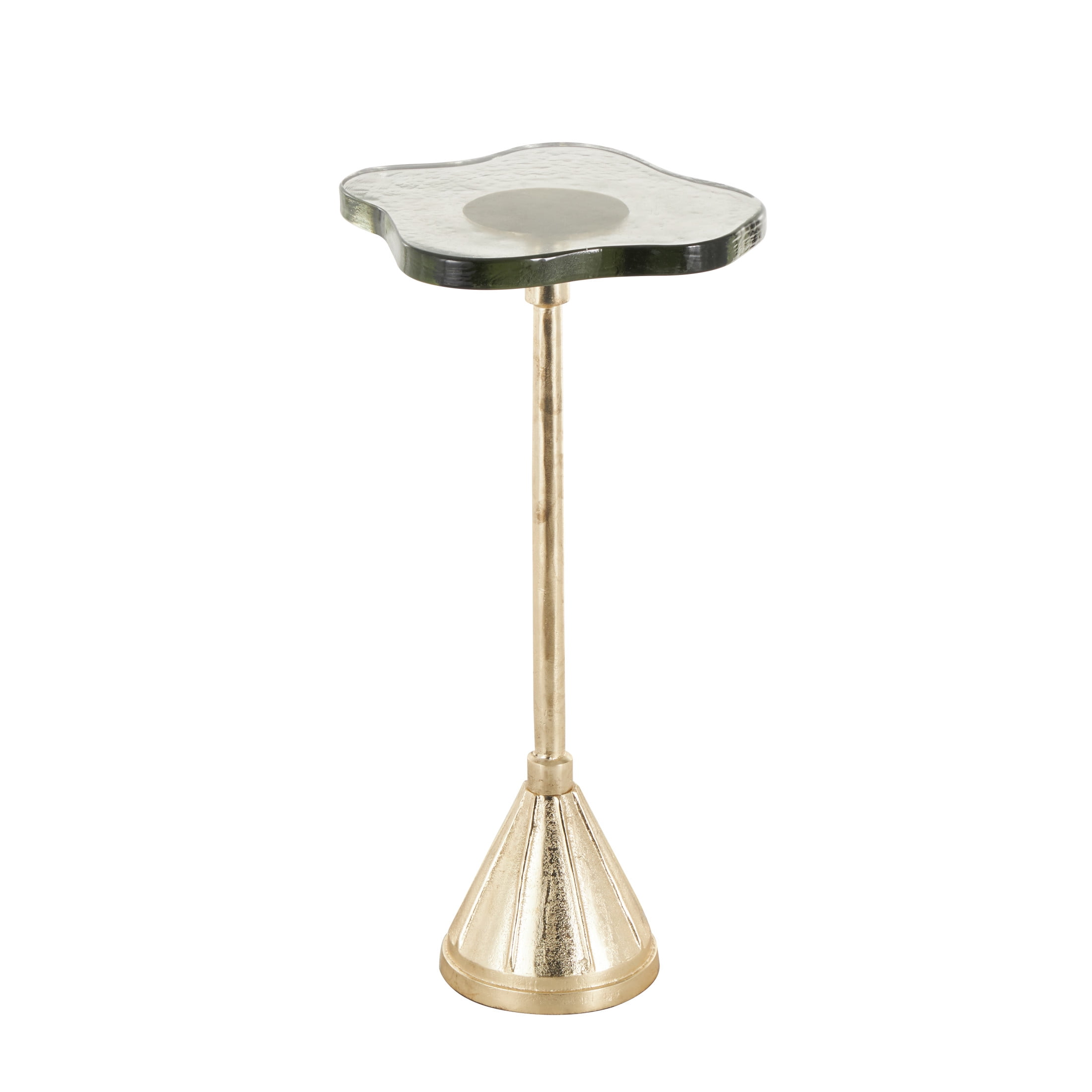 DecMode 11" x 23" Gold Aluminum Metal Pedestal Accent Table with Textured Glass Tabletop, 1-Piece