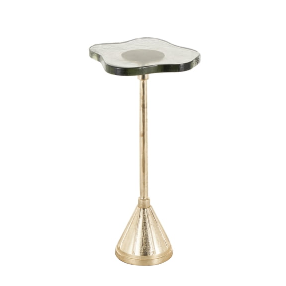 DecMode 11" x 23" Gold Aluminum Metal Pedestal Accent Table with Textured Glass Tabletop, 1-Piece