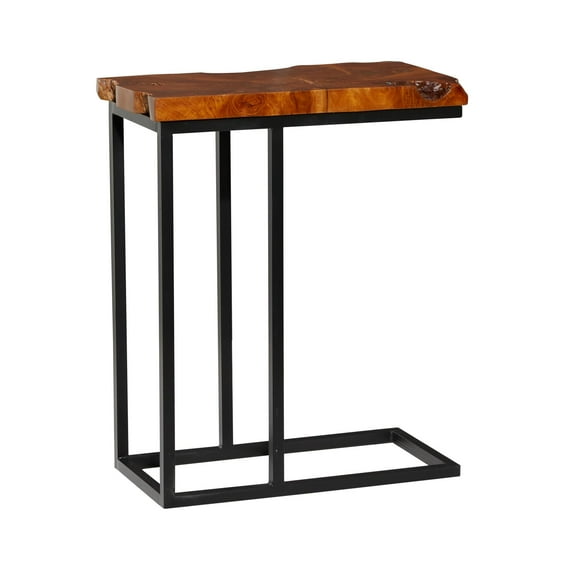 DecMode 11" x 25" Brown Teak Wood Live Edge Top Accent Table with Black Metal Base, 1-Piece