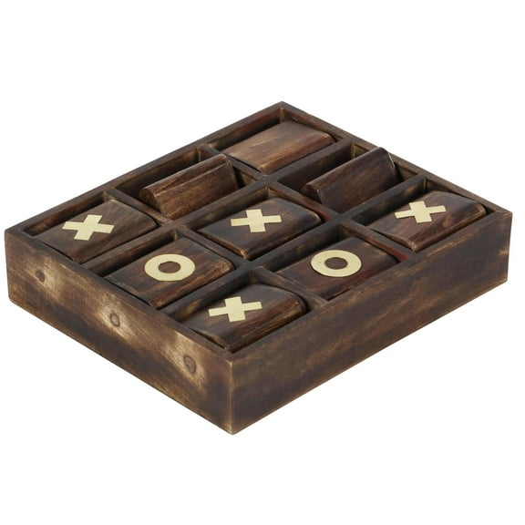 DecMode 11" x 3" Dark Brown Mango Wood Tic Tac Toe Game Set with Gold Inlay, 1-Piece
