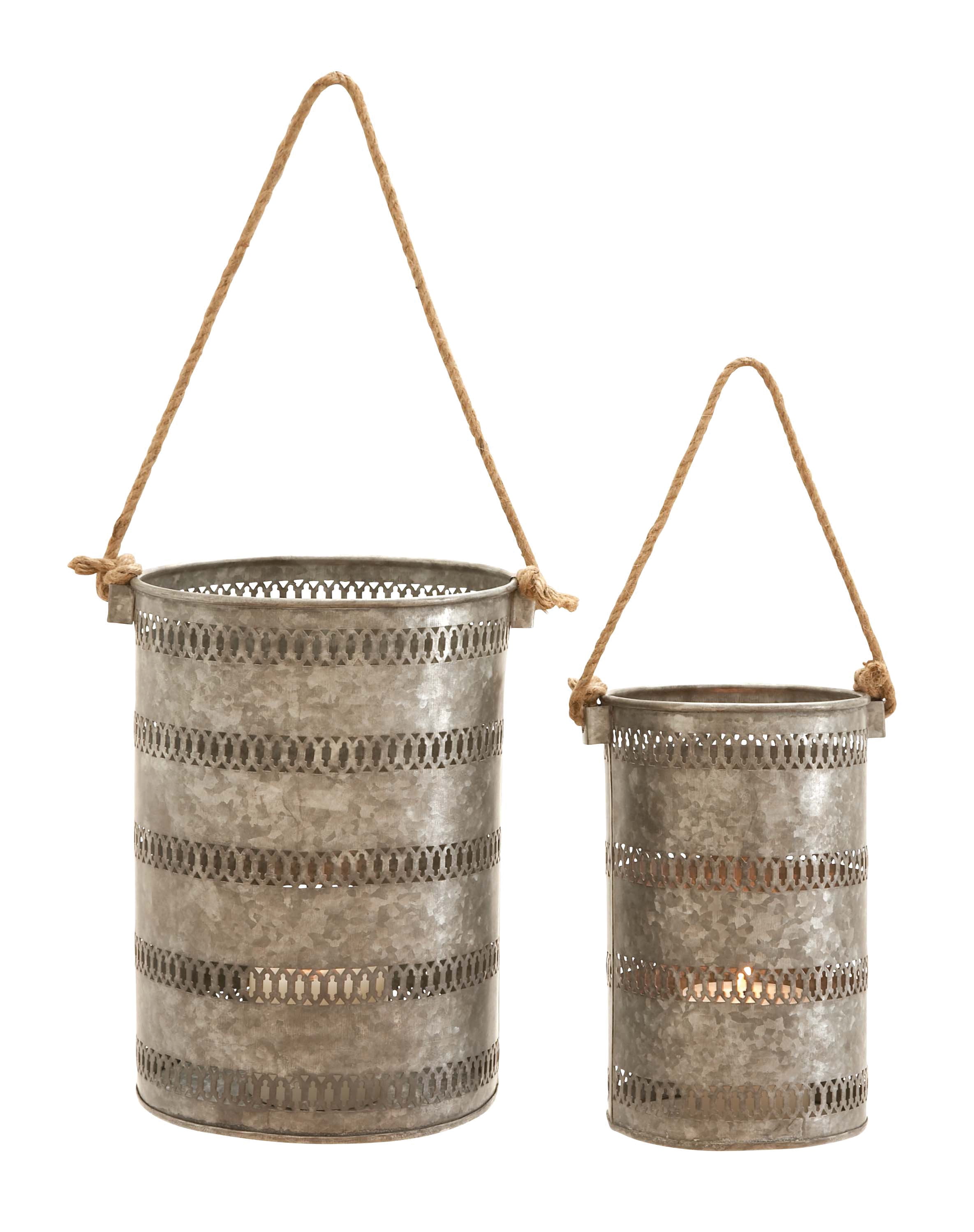 Elegant Coastal Grey Metal Candle Lantern Set, 10" and 12"
