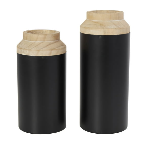 DecMode 12", 10"H Colorblock Black Wood Vase with Light Brown Wood Tops, Set of 2