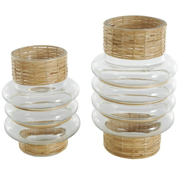 DecMode 12", 10"H Handmade Rattan Wrapped Glass Vase, Set of 2