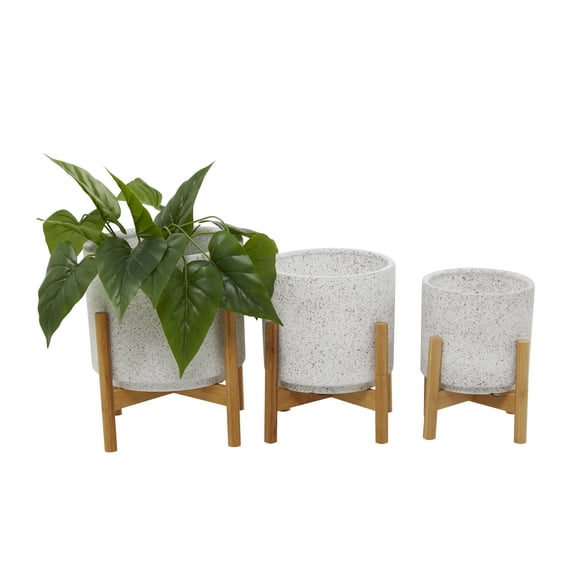 DecMode 12", 11", 10"H White Ceramic Planter with Removable Wood Stand (3 Count)