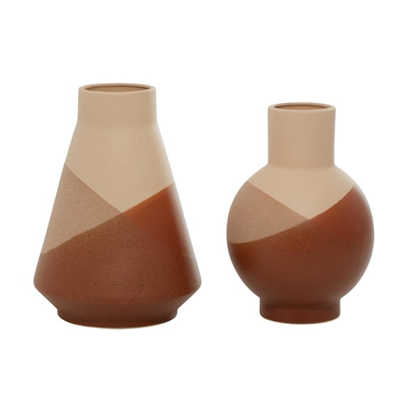DecMode 12", 11"H Geometric Orange Ceramic Vase with Terracotta Accents, Set of 2