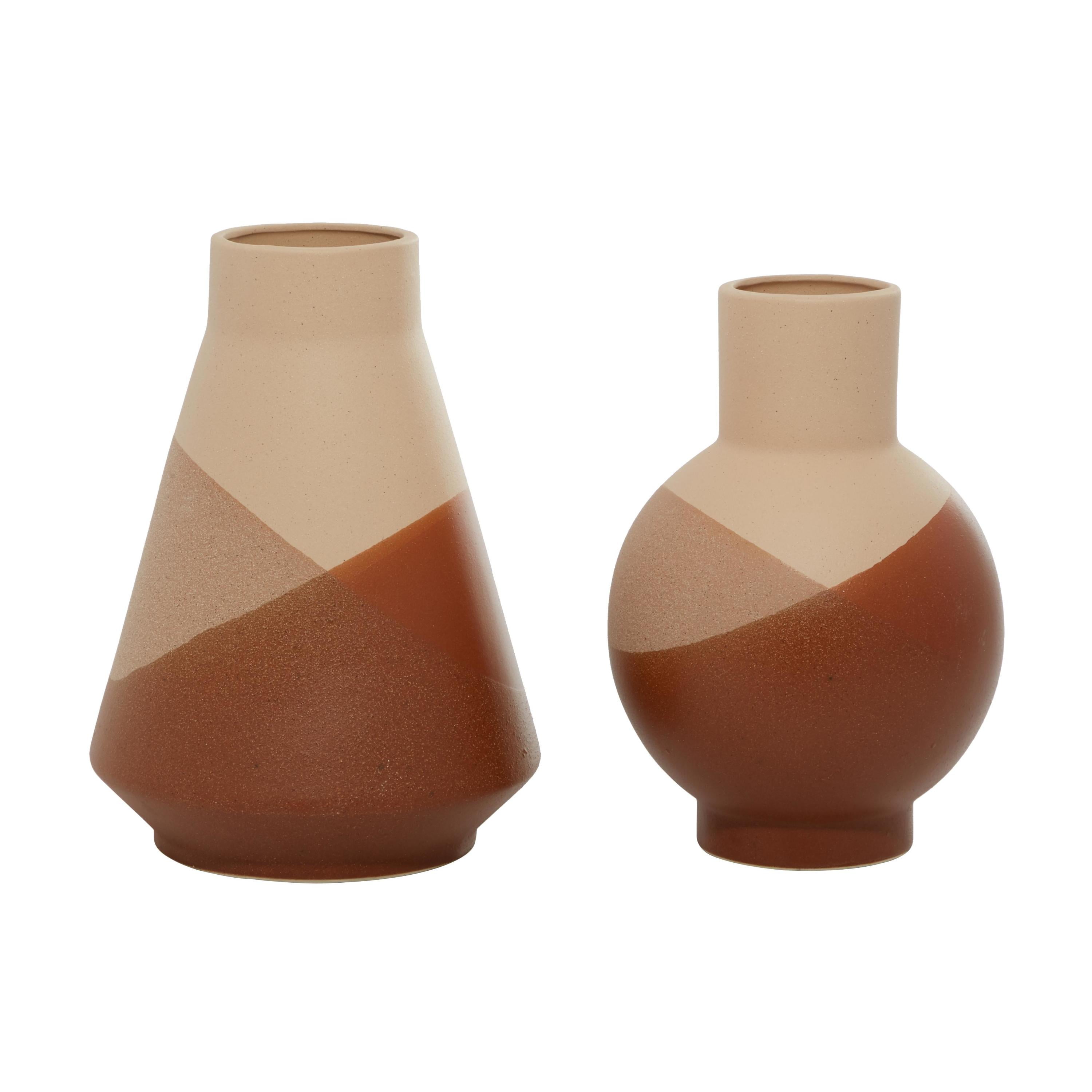 Set of 2 Tan and Terracotta Geometric Ceramic Vases