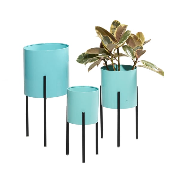 DecMode Teal Metal Indoor Outdoor Planter with Removable Stand, Set of 3 12", 14", 18"H