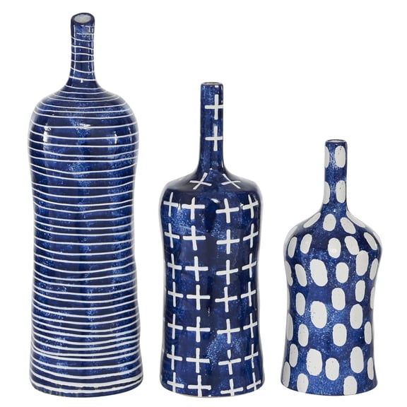 DecMode 12", 15", 19"H Blue Ceramic Vase with Varying Patterns, Set of 3