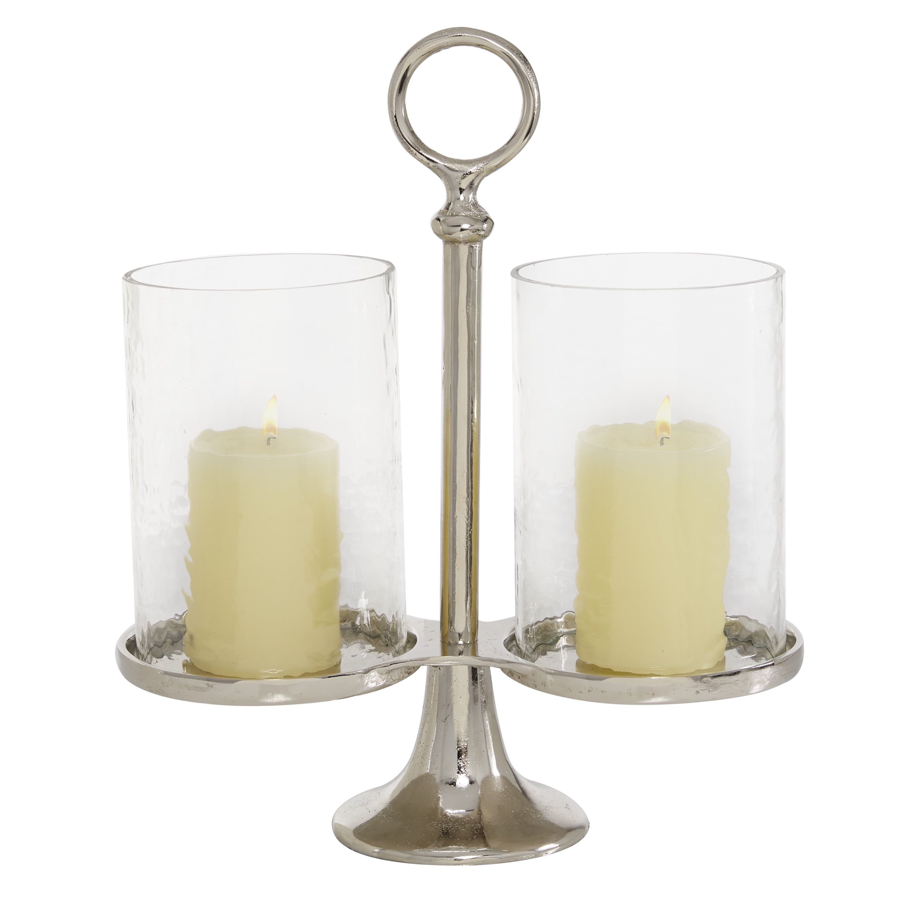 Contemporary Silver Aluminum & Glass Hurricane Candle Lantern - 14.4"