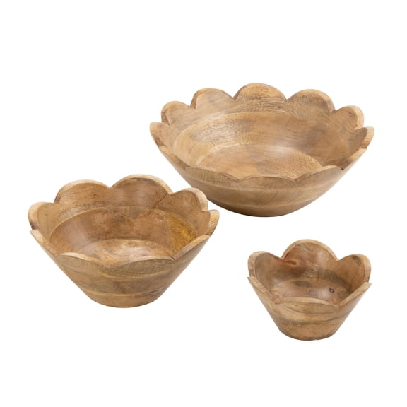 DecMode 12", 9", 6"W Handmade Round Floral Brown Mango Wood Decorative Bowl, Set of 3
