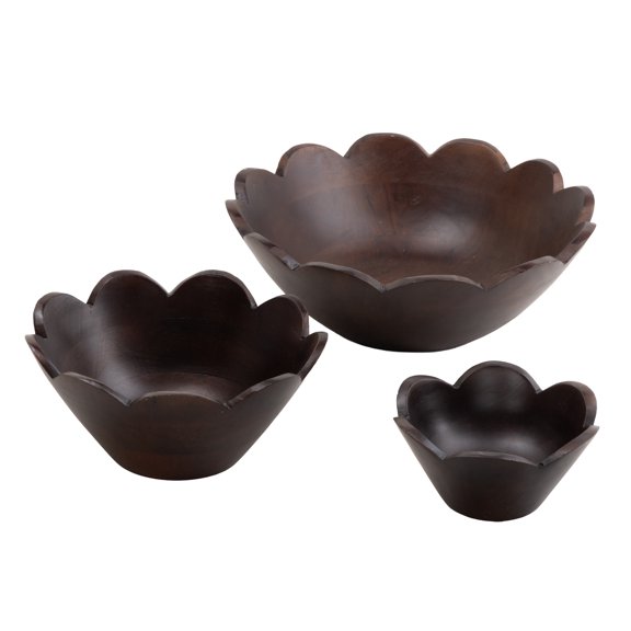 DecMode 12", 9", 6"W Handmade Round Floral Dark Brown Mango Wood Decorative Bowl, Set of 3