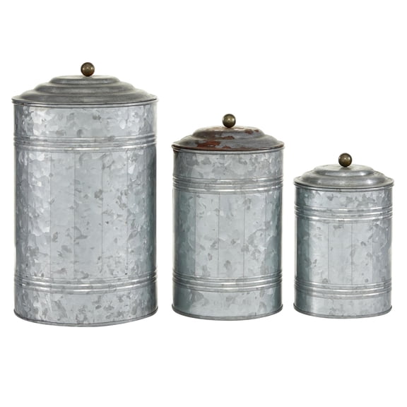 DecMode 12", 9", 8"H Gray Metal Galvanized Ribbed Decorative Jars with Gold Ball Knobs, 3-Pieces