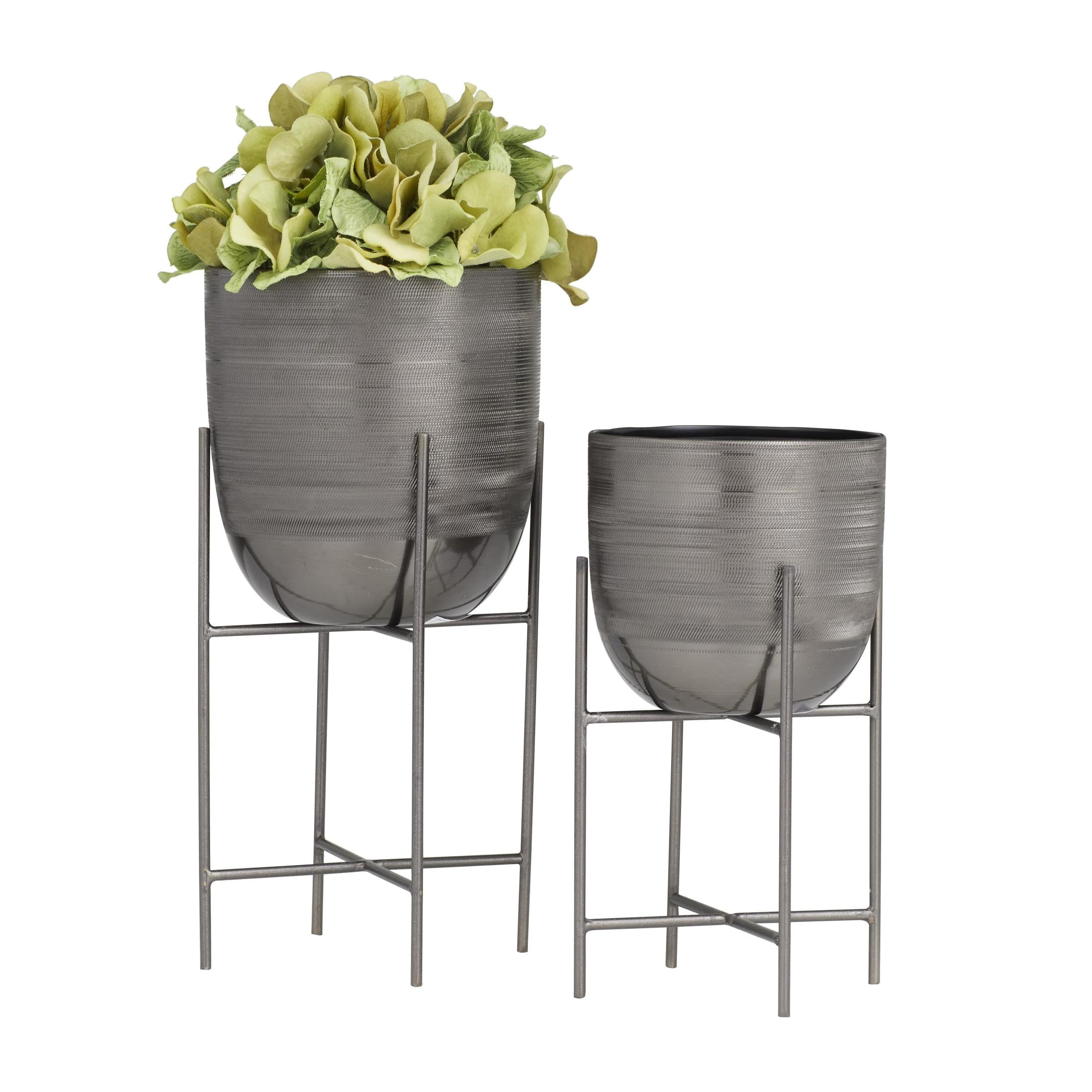 DecMode 12", 9"H Small Brushed Dome Gray Metal Planter with Removable Stand (2 Count)