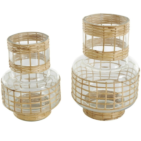 DecMode 12", 9"H Handmade Rattan Wrapped Glass Vase, Set of 2