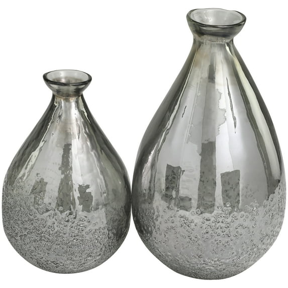 DecMode 12", 9"H Textured Teardrop Gray Glass Vase, Set of 2
