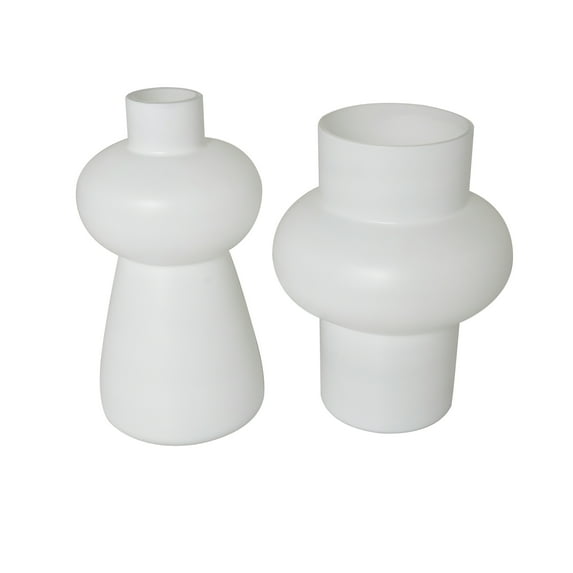 DecMode 12", 9"H White Glass Vase with Various Shapes and Wide Rounded Centers, Set of 2