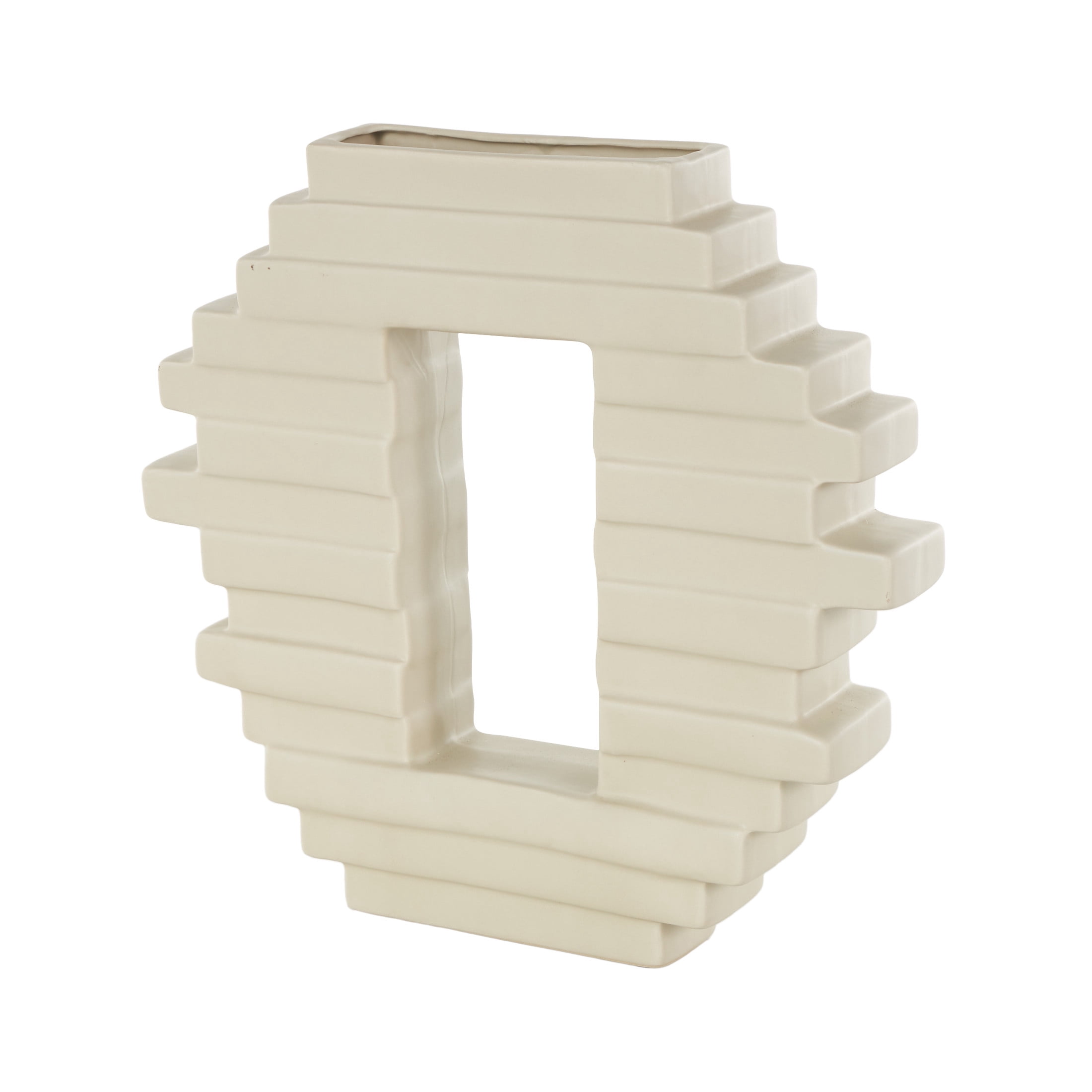 DecMode 12" Abstract Cream Ceramic Vase with Rectangular Center Cutout