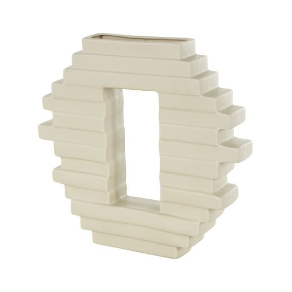 DecMode 12" Abstract Cream Ceramic Vase with Rectangular Center Cutout
