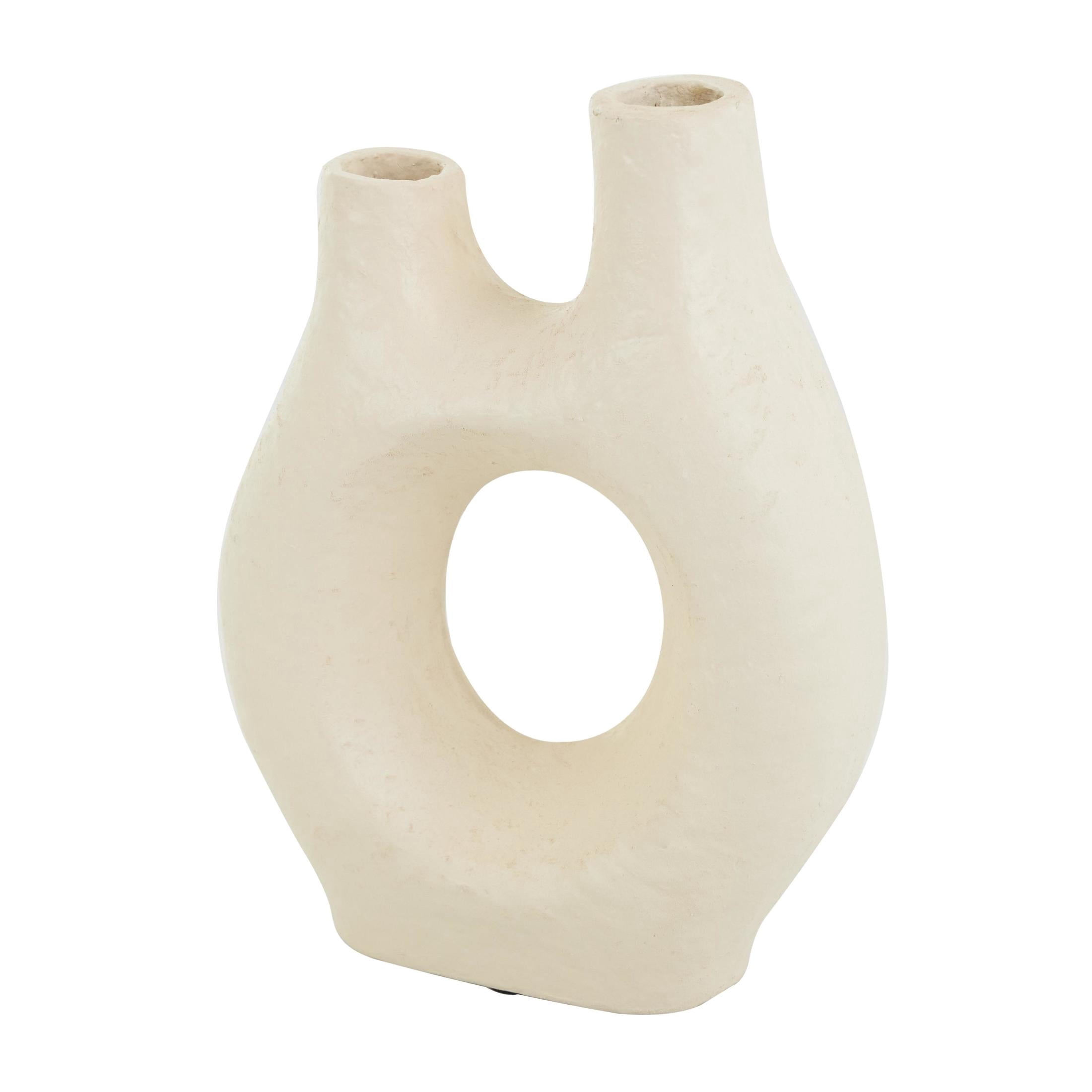 DecMode 12" Abstract Rounded Beige Paper Mache Vase with Double Openings