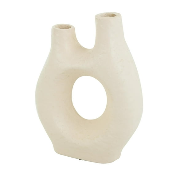 DecMode 12" Abstract Rounded Beige Paper Mache Vase with Double Openings